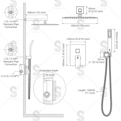 SR SUN RISE Polished Chrome Square Rainfall Shower Head and Handle Set, Wall Mounted Shower Fixtures, Metal Shower Faucet Trim Repair Kits (With Shower Valve) 16 Inches - color: Polished Chrome, size: 16 Inch