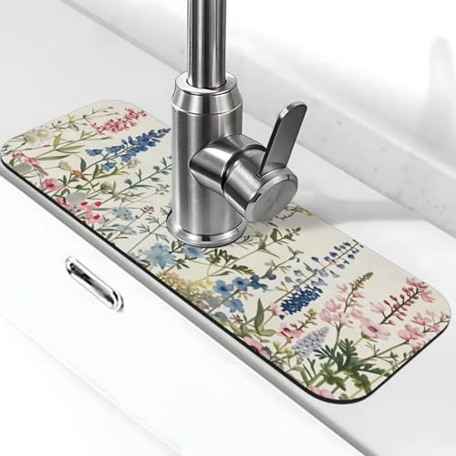 Floral Wildflower Diatomite Faucet Mat for Kitchen Sink - Super Absorbent Quick Drying Splash Guard, Non-Slip Drip Catcher Pad for Bathroom Counter, Water Absorbing Tray for Sink Caddy - color: Floral Wildflower