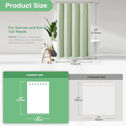 Stall Shower Curtain and Liner Set - 60 x 84 inch Long Boho Shower Curtain and Waterproof Clear Liner, Tufted Chevron Striped Tassel Shower Curtains for Bathroom, 10 Hooks, 60x84, Sage Green - color: Sage Green, size: 60"W x 84"L (Pack of 1)