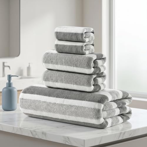 Premium 5-Piece Bath Towel Set | 100% Microfiber Ultra Soft & Quick Dry | Large Bath Towels, Hand Towels & Washcloths for Bathroom, Spa, Gym, | 1 Bath, 2 Hand, 2 Washcloths | Gray - color: Gray, size: 5 Pcs
