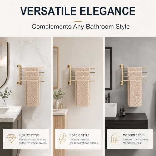 Solid Brass Swivel Towel Bar, Brushed Gold Bathroom Towel Rack, No Drill Adhesive Wall Mounted Rail Hanger, Space Saving Multi Arm Holder for Kitchen Restroom(Silver,19cm) - color: Silver, size: 19cm