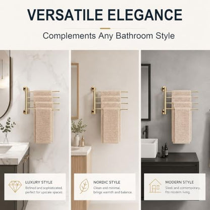 Solid Brass Swivel Towel Bar, Brushed Gold Bathroom Towel Rack, No Drill Adhesive Wall Mounted Rail Hanger, Space Saving Multi Arm Holder for Kitchen Restroom(Silver,19cm) - color: Silver, size: 19cm