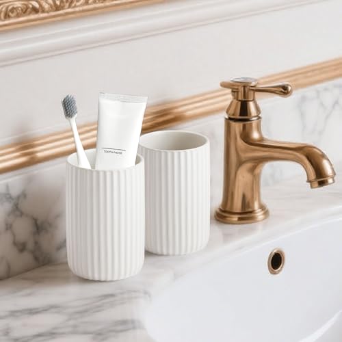 Toothbrush Holders for Bathrooms, Ceramic Tooth Brush Holder Set, Ribbed Bathroom Cups Tumbler, Reusable Toothbrush Mouthwash Cup, Toothpaste Holder Toothbrush Organizer for Bathroom Counter - color: Ribbed-white