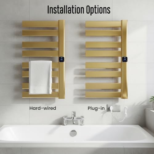 Towel Warmer, Heated Towel Rack with Built-in Timer and Temperature Control,Hard-Wired(Right-Wiring)/Plug-in Wall-Mounted Towel Rail, Aluminum, 18.8" W X 34.64" H, Gold - color: Gold, size: 18.8"L x 34.64"H