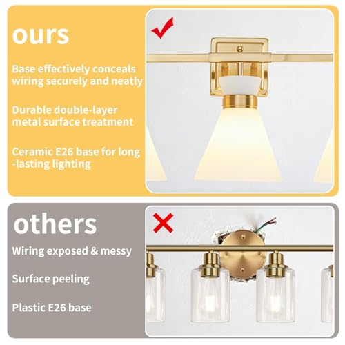 Brushed Gold Bathroom Vanity Lights, 3-Light Bathroom Light fixtures Over Mirror, Modern Vanity Lighting Fixtures with Frosted Glass Shades E26 Base,Wall Mount Scones for Mirror (Bulbs Not Included) - color: Gold