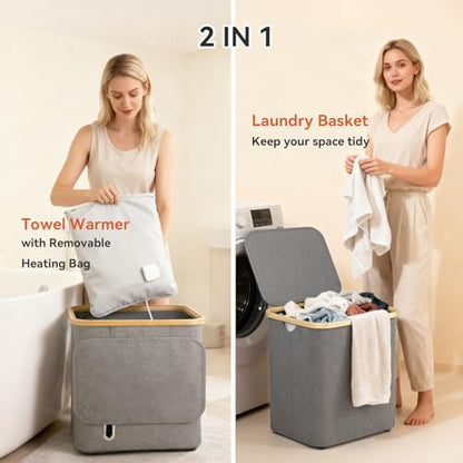 Towel Warmer & Laundry Basket 2-in-1, Foldable Towel Warmer for Bathroom with Removable Heating Bag, 20/40/60Mins Fast Heating, Auto Shut-Off, Fits 3 Large Towels Blankets, Ideal Xmas Gift - color: Grey