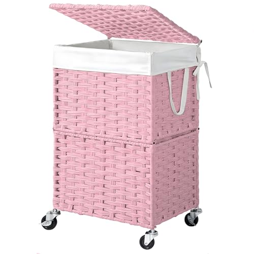 Chrislley Wicker Laundry Basket with Wheels,Rolling Laundry Hamper with Lid | 90L Slim Clothes Hamper with Wheels & Removable Liner Bag, Handwoven Rattan Laundry Organizer for Bedroom, Bathroom, Pink - color: Pink