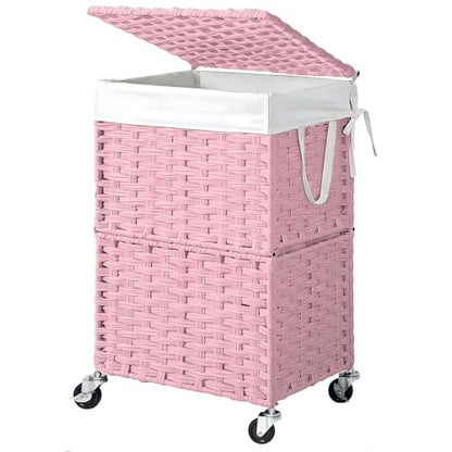 Chrislley Wicker Laundry Basket with Wheels,Rolling Laundry Hamper with Lid | 90L Slim Clothes Hamper with Wheels & Removable Liner Bag, Handwoven Rattan Laundry Organizer for Bedroom, Bathroom, Pink - color: Pink