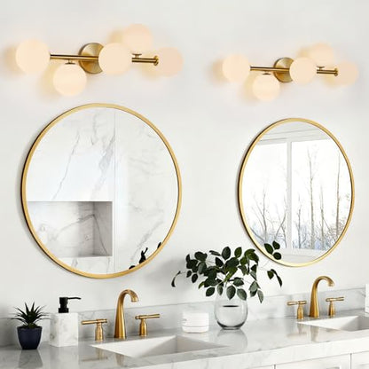 Modern Bathroom Vanity Light Fixtures,LED Brushed Gold Wall Sconce Lighting | 5 Lights Milk Glass Globe Vanity Light,Brushed Gold Bathroom Vanity Light,Dimmable Brass Mid Century Wall Sconces over Mirror - color: Gold Milk Glass, size: Integrated LED