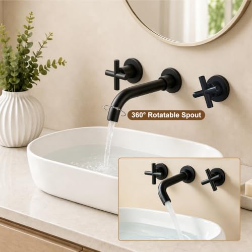 Midanya Wall Mount Bathroom Faucet 3 Hole 2 Cross Handle,Matte Black | SUS304 Stainless Steel,Rough-in Valve Included,360° Swivel Spout,for Bathroom Sink,Vanity - color: Matte Black