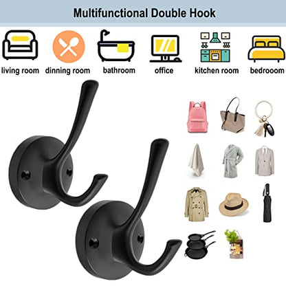 TOFIIGREM Black Towel Hooks, 2 Pack Coat Robe Hook Heavy Duty Metal Double Bathrobe Hook Wall Mounted, Hand Towels Hooks for Cubicle Bathroom Kitchen Closet Garage - color: Black, size: 2 Pack