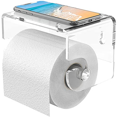 Adhesive Toilet Paper Holder with Shelf, Bathroom Toilet Paper Roll Stand, Wall Mounted Tissue Storage Holder, Acrylic Bathroom Accessories, with 3M Self Adhesive No Drilling (Clear)