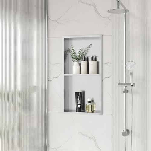 Qeke 12" x 24" Stainless Steel Shower Niche w/Double Shelves, Brushed Nickel - color: Brushed Nickel, size: 12X24"
