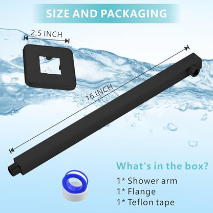Shower Arm with Flange, 16 Inches Wall Mount Square Straight Extension Arm, Replacement of Fixed Rain Shower Head Pipe, Matte Black - color: Matte Black