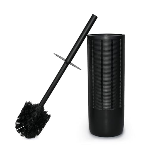 Matte Black Ribbed Design Resin Toilet Bowl Holder and Brush Set, Durable Bathroom Cleaning Tool with Ergonomic Handle and Efficient Bristles, Stylish and Compact Design - style: Ribbed Matte Black