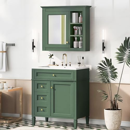 Marzzi 30" Bathroom Vanity Set with Matching Mirror Cabinet | Modern Single Sink Bathroom Vanity with Storage Cabinet, 2 Drawers & Tip-Out Drawer, Medicine Cabinet, Solid Wood Frame - color: Green, size: 30"