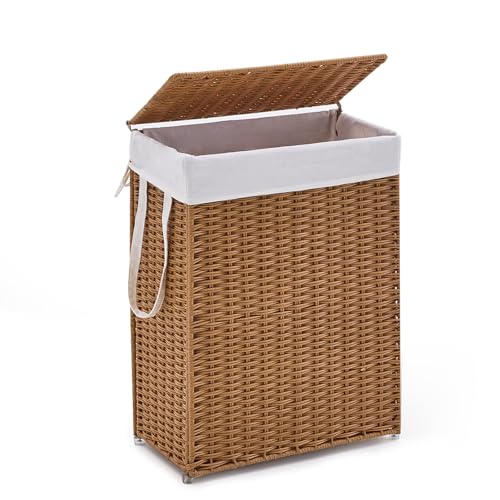 Slim Wicker Laundry Hamper with Lid, 55L Handwoven Rattan Basket with Handles, Narrow Laundry Basket with Removable Liner Bag & 2 Mesh Bags - color: Rattan with Lid, size: 55L