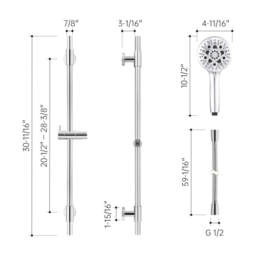 KES 30-Inch Shower Slide Bar with High Pressure 9 Functions Adjustable Handheld Shower Head & 59-Inch Hose, Built-in Power Wash to Clean Tub Tile & Pet, Wall Mount Polished Finish 18/8 Stainless Steel - color: Chrome