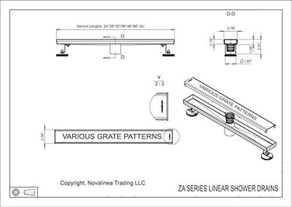ZA Linear Shower Drain - 54 Inch Brick Pattern - Brushed Stainless Steel - Hair Strainer - Leveling Feet - Threaded Adapter - Sleek and Modern Design - size: 54 inch