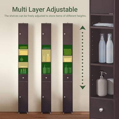 SoBuy Bathroom Storage Cabinet Adjustable Shelves, Tall Narrow, Brown | Freestanding Cupboard With Adjustable Shelves, Space-Saving Storage For Tiny Bathroom Gaps, BZR34-BR - color: Brown