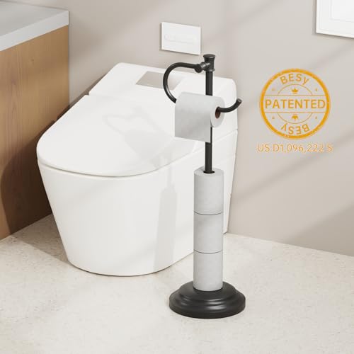 Toilet Paper Holder Floor Stand, Bathroom Freestanding Black | Toilet Tissue Roll Holder, Free Standing Rack with Storage, Weighted Base Accessories, SUS304 Stainless Steel Rustproof - color: Black
