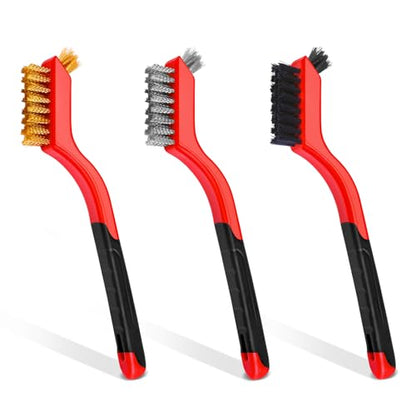 Wire Brush Set, 3 Pcs Stainless Steel/Brass/Nylon Wire Brushes | Red, 7" Total Length for Tight Spaces, For Cleaning with Curved Handle Grip for Rust Removal, Dirt, Paint Scrubbing - style: Red-3pcs