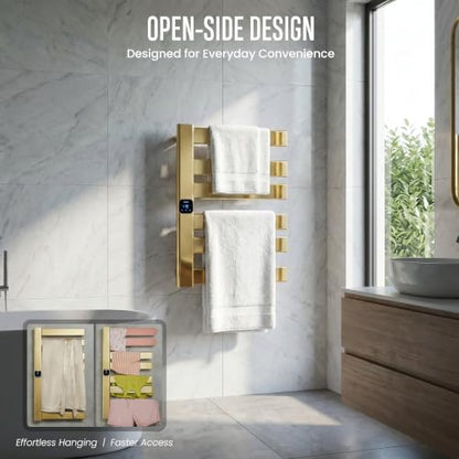 Towel Warmer, Heated Towel Rack with Built-in Timer and Temperature Control,Hard-Wired(Left-Wiring)/Plug-in Wall-Mounted Towel Rail, Aluminum, 18.8" W X 25.6" H, Gold - color: Gold, size: 18.8"L x 25.6"H