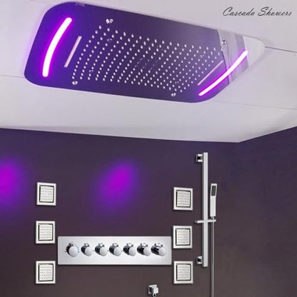 Cascada Luxurious Design 17"x28" Recessed LED Shower System with 6 Functions (Rainfall, Waterfall, Rain Curtain, Misty, 4"Body Jets & Handheld), & Shower Sliding Bar (Polished Stainless Steel) - color: Polished Stainless Steel