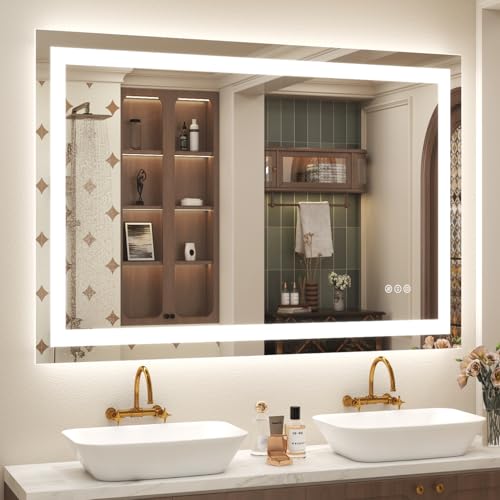 48x30 LED Lighted Bathroom Mirror for Vanity Wall | Front Light and Backlit, Anti-Fog, Memory, 3 Color, Tempered Glass, Dimmable, Rectangular, UL, Horizontal/ Vertical Mounted - color: Rectangular Led Bathroom Mirror, size: 48"L x 30"W