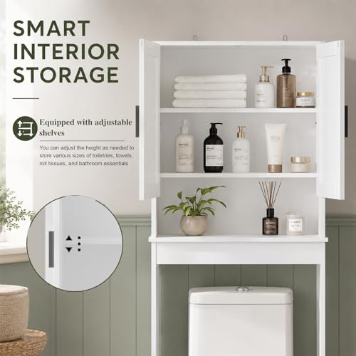 66" H White Bathroom Cabinet Over Toilet with Doors; Adjustable Shelf Bathroom Organizer Unit Featuring Freestanding MDF Wood Over the Toilet Cabinet Frame for Restroom (B) - color: B