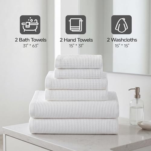 ecolook 6-Piece Waffle Weave Towel Set, 100% Cotton, Lightweight, Absorbent & Quick-Drying, 2 Bath Towels (31×63 in), 2 Hand Towels, 2 Washcloths, Lint-Free for Bathroom, Pool, Gym, Travel - White - color: White