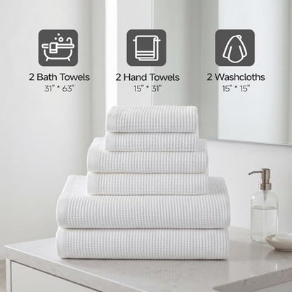 ecolook 6-Piece Waffle Weave Towel Set, 100% Cotton, Lightweight, Absorbent & Quick-Drying, 2 Bath Towels (31×63 in), 2 Hand Towels, 2 Washcloths, Lint-Free for Bathroom, Pool, Gym, Travel - White - color: White