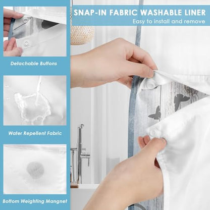 No Hook Shower Curtain with Snap in Liner 71x74 Inch Flower Teal | Rustic Daisy Farmhouse Modern Double Layers Waterproof Fabric with See Through Top Window Open Grommet Bath Curtain - color: Teal Floral, size: 71"W x 74"L (Pack of 1)