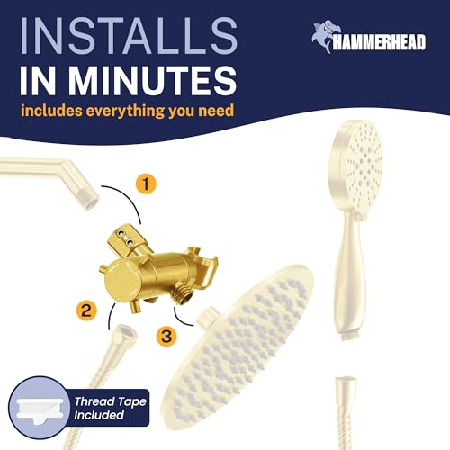 HammerHead Showers® Solid Metal 3 Way Shower Diverter Valve with Shower Head Holder — Universal Splitter To Connect Handheld Spray Wand And Rain Showerhead to Shower Arm Mount — Brushed Gold - color: Brushed Gold