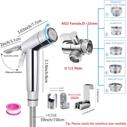Handheld Bidet Sprayer Toilet Bathroom Douche Cloth Washing Diaper Cleaning Shower Head with 59in Hose and G1/2, 55/64", 15/16" Faucet Adapters, Hair Washing, Dog Shower and More