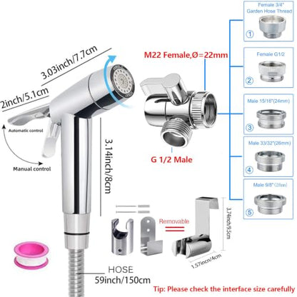 Handheld Bidet Sprayer Toilet Bathroom Douche Cloth Washing Diaper Cleaning Shower Head with 59in Hose and G1/2, 55/64", 15/16" Faucet Adapters, Hair Washing, Dog Shower and More