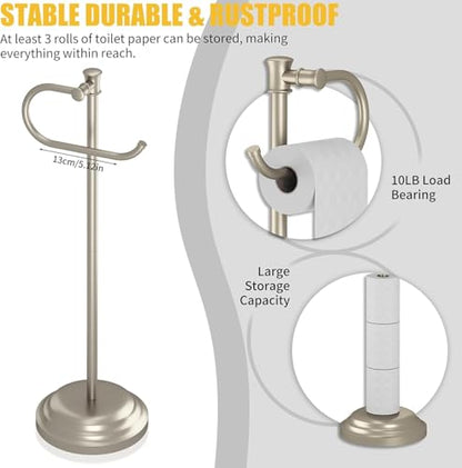 Toilet Paper Holder Floor Stand, Bathroom Freestanding Nickel | Toilet Tissue Roll Holder, Free Standing Rack with Storage, Weighted Base Accessories, SUS304 Stainless Steel Rustproof - color: Nickel