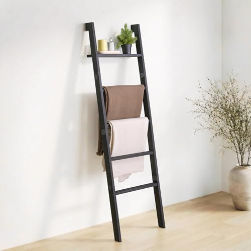 Blanket Ladder with Top Shelf, 5-Tier Wood 64” Decorative Ladder for Living Room Throws, Bedroom Quilt, Bathroom Towel & Toiletry Storage, Home Decor Stand (Black)