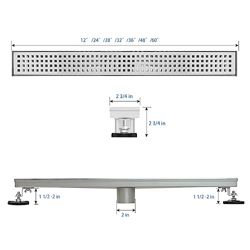 SaniteModar Linear Shower Drain 36 inch Brushed with Square Hole Panel | AISI 304 Stainless Steel Brushed Linear Dain Rectangle Shower Floor Drain with Hair Strainer and Leveling Feet - color: Stainless Steel, size: 36 inch
