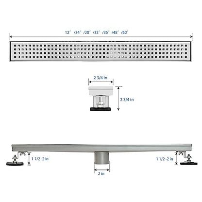 SaniteModar Linear Shower Drain 36 inch Brushed with Square Hole Panel | AISI 304 Stainless Steel Brushed Linear Dain Rectangle Shower Floor Drain with Hair Strainer and Leveling Feet - color: Stainless Steel, size: 36 inch