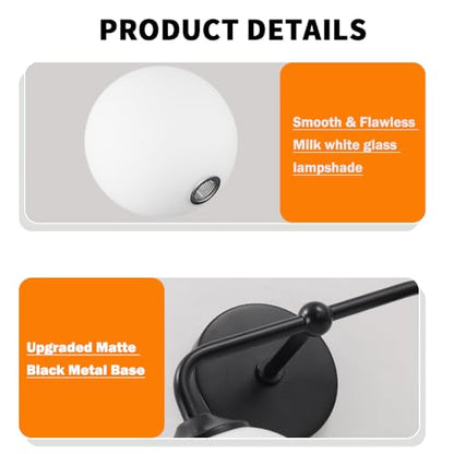 Industrial Matte Black 2-Lights Bathroom Light Fixtures, Vanity Wall Sconce Lighting with Milky White Glass Shade, Modern Bathroom Vanity Lighting, Wall Sconces over Mirror Dressing Table Bedroom - color: Black, size: 2 light
