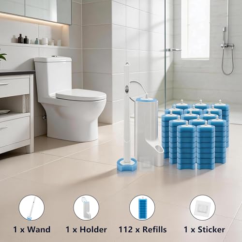 Disposable Toilet Brush and Holder Set with 112 Toilet Bowl Wand Refills | Wall-mounted Toilet Scrubber Kit-16.81" ABS Handle&Holder, 112 Sponge Brush Heads for House, Apartment, RV Bathroom Cleaning - color: 1 Pack White Toilet Brush Set