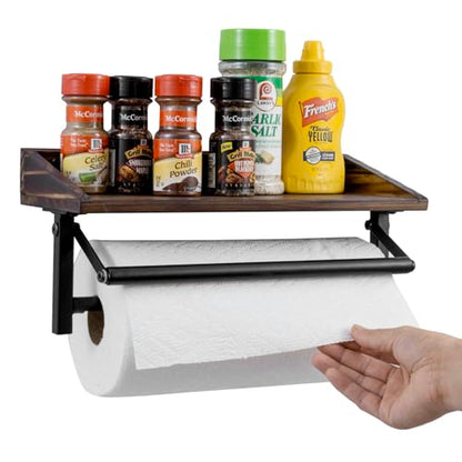 MyGift Black Metal Paper Towel Holder Wall Rack with Rustic Wood Shelf | Top shelf stores seasonings and essentials while the wall-mounted design keeps paper towels rolls accessible - color: Matte Black Metal Paper