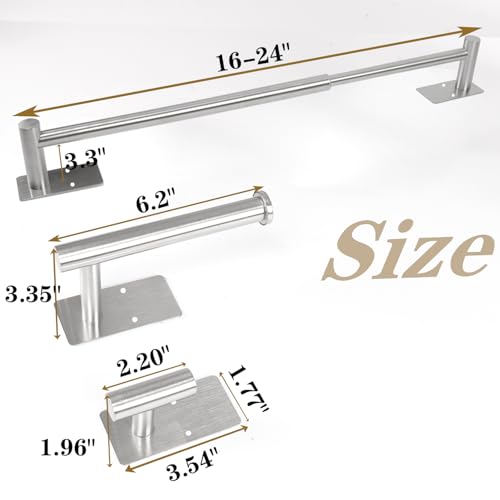 5 Pcs Self Adhesive Bathroom Hardware Set, Stainless Steel Towel Rack Set Include Adjustable 24In Bath Towel Bar+Toilet Paper Holder+3 Towel/Robe Hooks Bathroom Accessory Kit(Brushed Nickel) - color: Brushed Nickel, size: 24 In-5 Pcs