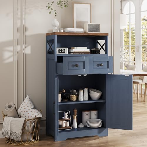 FiveWillowise Farmhouse Blue Storage Cabinet with Barn Doors and Drawers, Small Freestanding Kitchen Pantry Cabinet, Hutch Cupboard for Kitchen, Laundry, Living Room,Bathroom - color: Navy Blue
