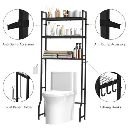Over The Toilet Storage 3 Tier Over Toilet Bathroom Organizer | Over the Toilet Storage Cabinet, Freestanding Above Toilet Stand, with Paper Holder and 4 Hooks, Space-Saving, Black - color: Black