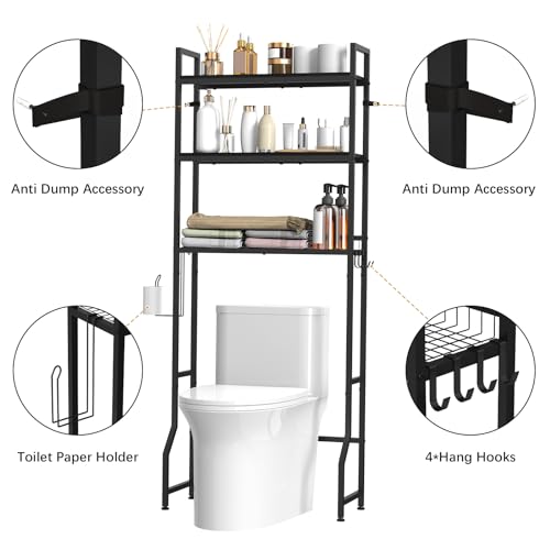 Over The Toilet Storage 3 Tier Over Toilet Bathroom Organizer | Over the Toilet Storage Cabinet, Freestanding Above Toilet Stand, with Paper Holder and 4 Hooks, Space-Saving, Black - color: Black
