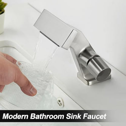 BAKALA Bathroom Sink Faucets Brushed Nickel, Waterfall Bathroom Faucet 1 Hole, Single Handle Brass Bathroom Faucet Deck Mount with 2 Supply Hoses for Basin Lavatory Vanity - color: Brushed Nickel