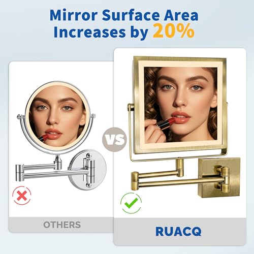 Ruacq Wall Mounted Makeup Mirror with Lights 1X/10X Antique Brass | 8",4000mAh Rechargeable,Magnification,3 Color,Touch Screen Dimmable,360° Rotation Extension Foldable Arm, Square, Women Gift - color: Antique Brass