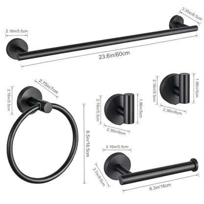5 Pieces Matte Black Bathroom Accessories Set Towel Bar Set | 24 Inch Towel Racks Wall Mounted,Toilet Paper Holder,Towel Ring,2 Towel Hooks,Stainless Steel Bathroom Hardware Set - color: Matte Black